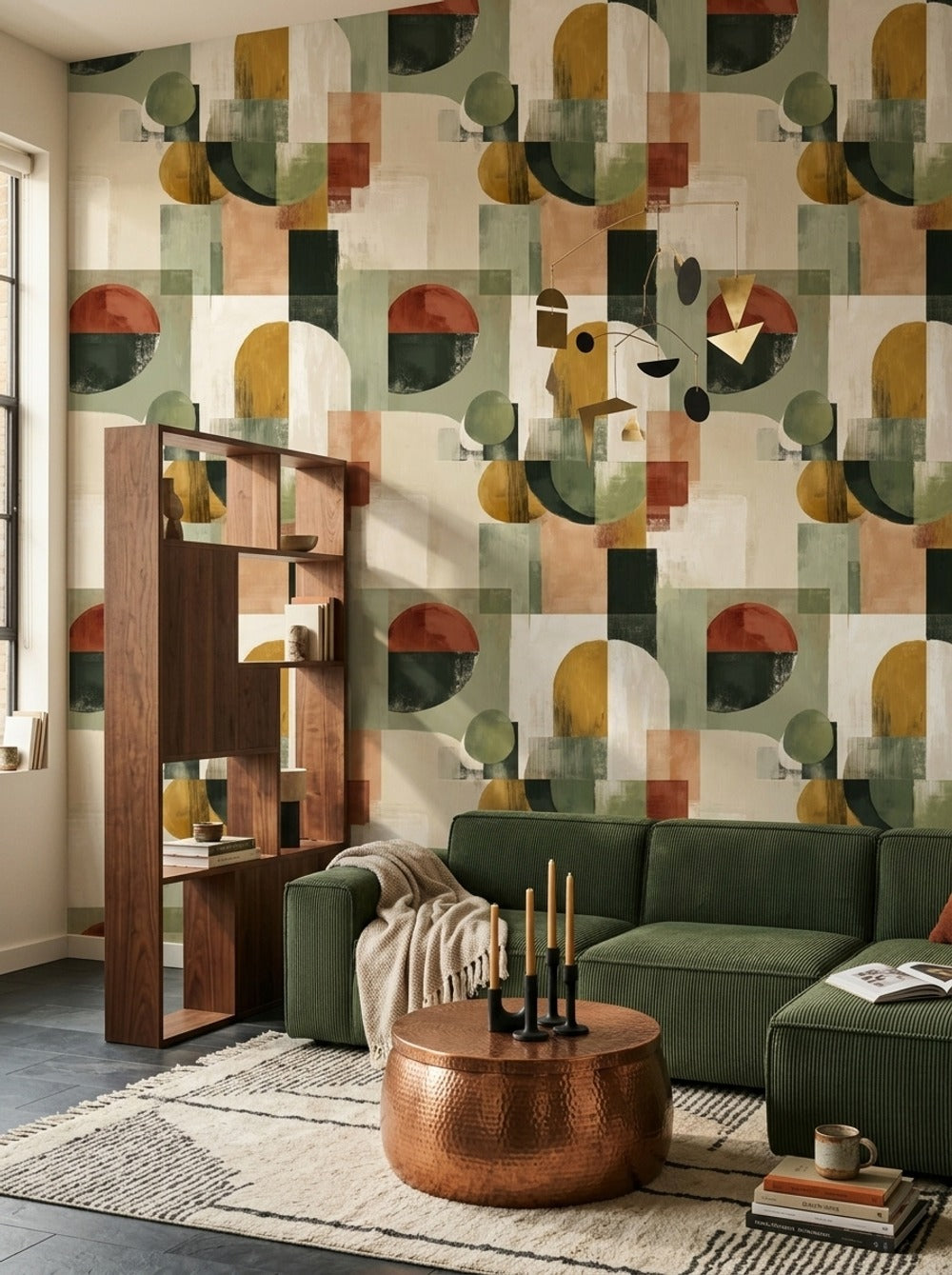Soyut Geometrik Duvar Kağıdı Zeytin Yeşili Modern Salon