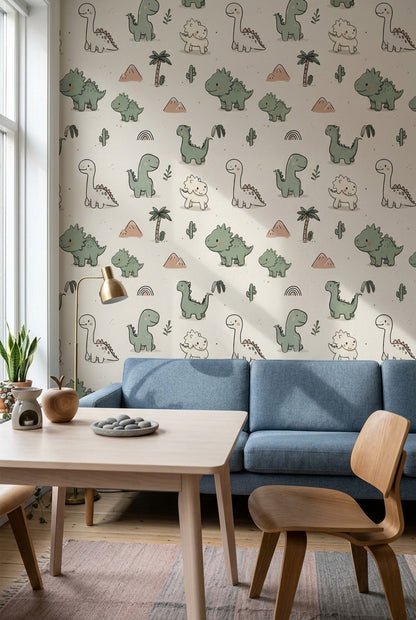 Sevimli Dinozorlu Duvar Kağıdı Pastel Yeşil Çocuk Odası