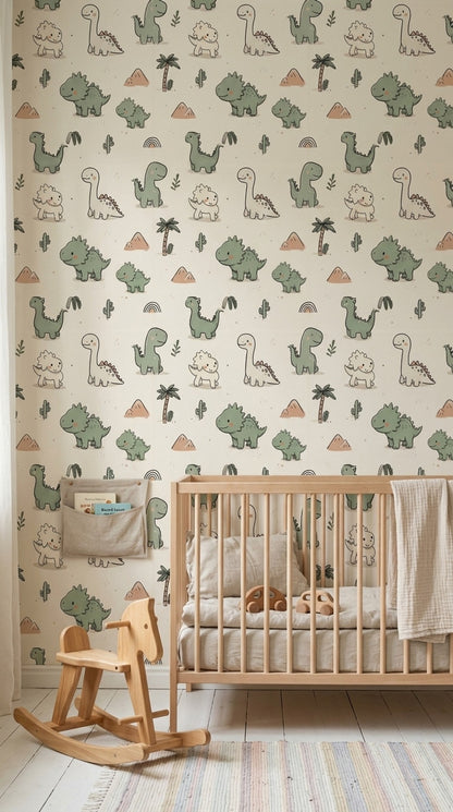 Sevimli Dinozorlu Duvar Kağıdı Pastel Yeşil Çocuk Odası