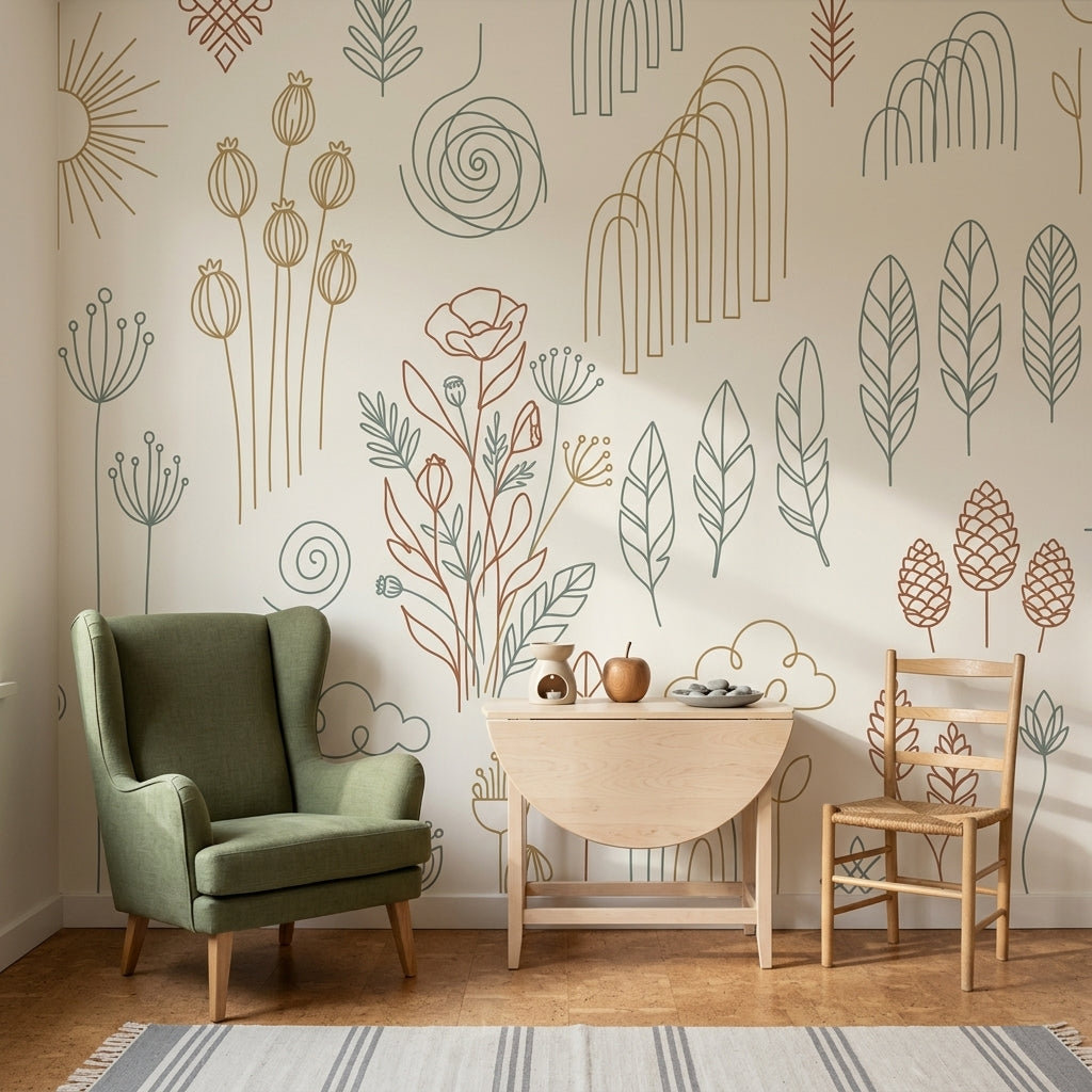Çizgisel Botanik Poster Duvar Kağıdı Bej Minimal Salon