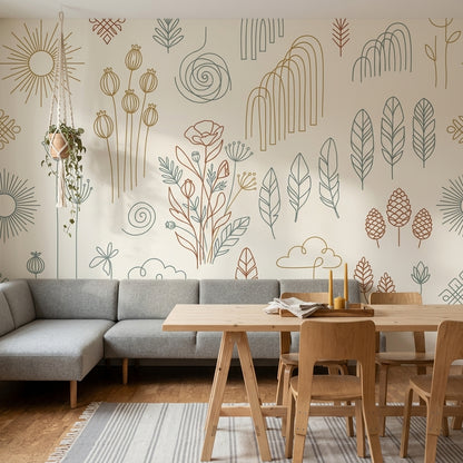 Çizgisel Botanik Poster Duvar Kağıdı Bej Minimal Salon