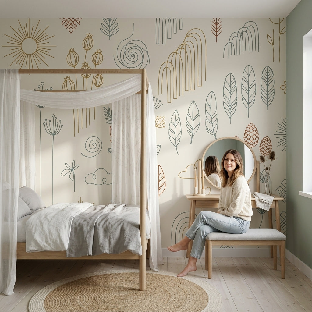 Çizgisel Botanik Poster Duvar Kağıdı Bej Minimal Salon