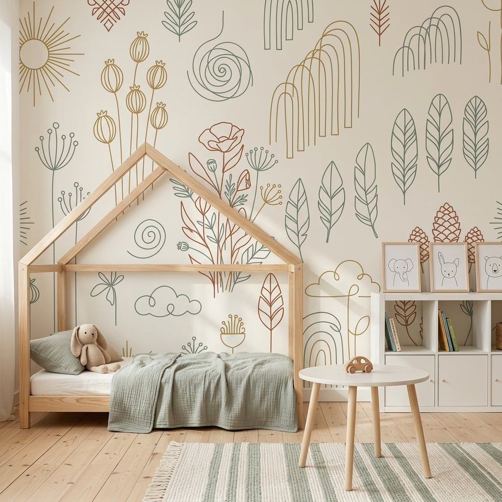 Çizgisel Botanik Poster Duvar Kağıdı Bej Minimal Salon