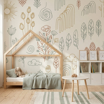 Çizgisel Botanik Poster Duvar Kağıdı Bej Minimal Salon