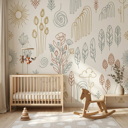 Çizgisel Botanik Poster Duvar Kağıdı Bej Minimal Salon