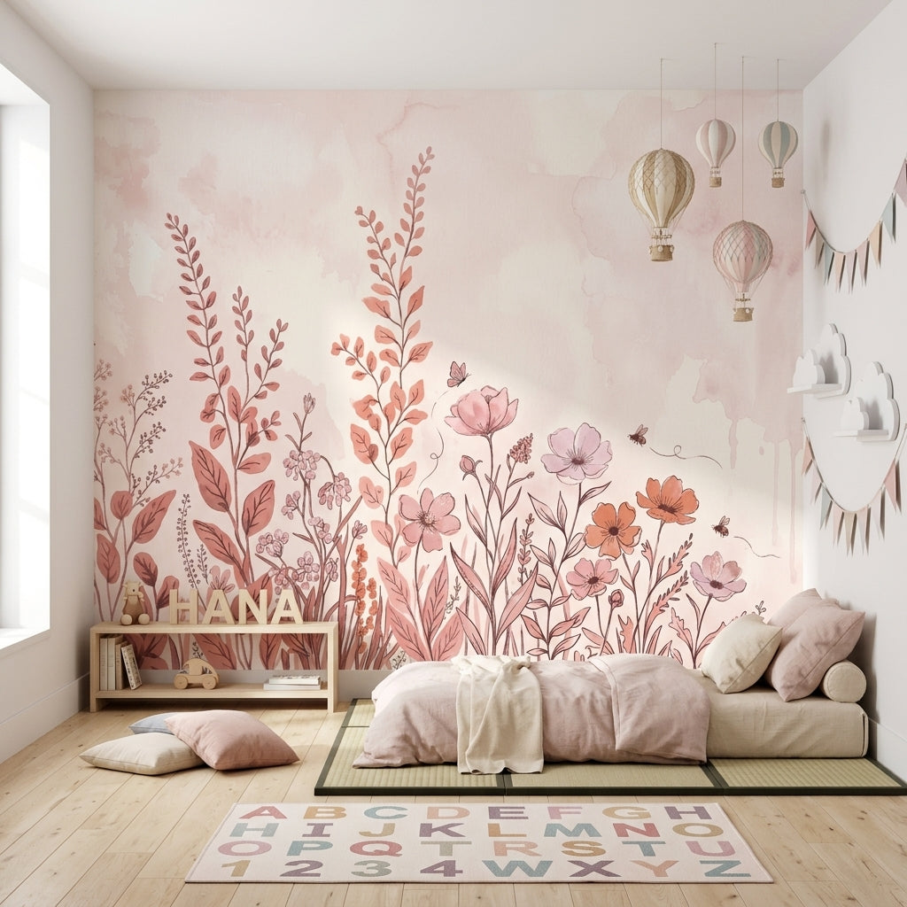 Suluboya Çiçek Desenli Poster Duvar Kağıdı Pudra Pembe Salon