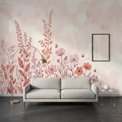 Suluboya Çiçek Desenli Poster Duvar Kağıdı Pudra Pembe Salon