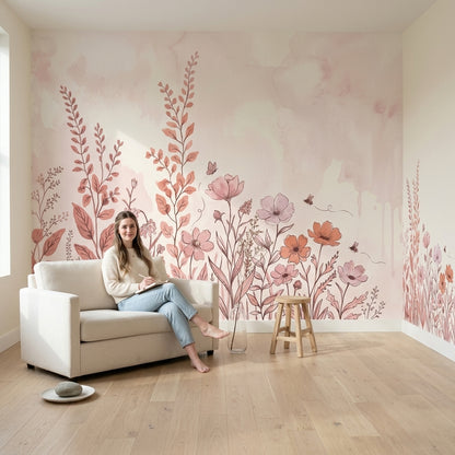 Suluboya Çiçek Desenli Poster Duvar Kağıdı Pudra Pembe Salon
