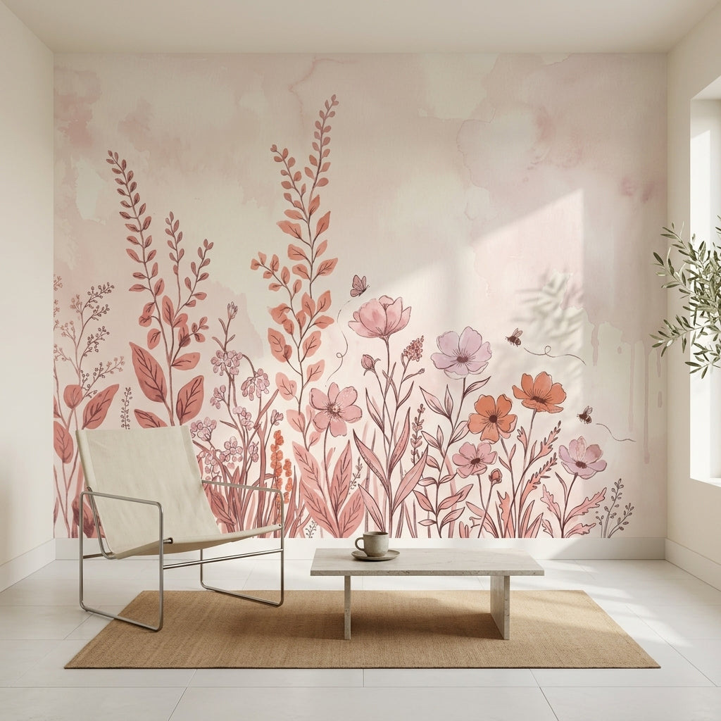 Suluboya Çiçek Desenli Poster Duvar Kağıdı Pudra Pembe Salon