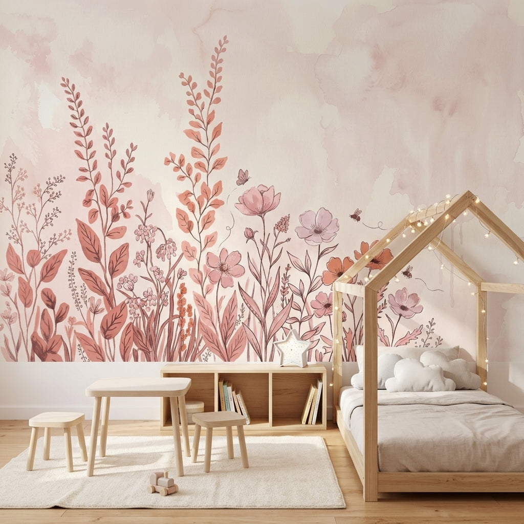 Suluboya Çiçek Desenli Poster Duvar Kağıdı Pudra Pembe Salon