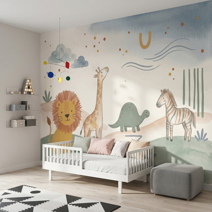 Safari Hayvanlı Poster Duvar Kağıdı Pastel Çocuk Odası Desenli