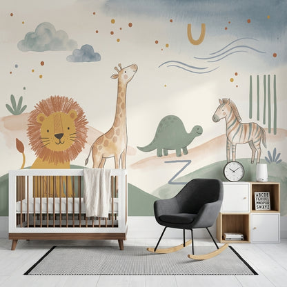 Safari Hayvanlı Poster Duvar Kağıdı Pastel Çocuk Odası Desenli