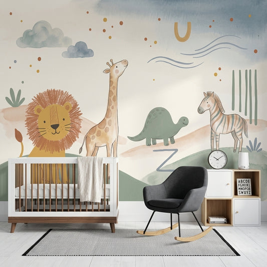 Safari Hayvanlı Poster Duvar Kağıdı Pastel Çocuk Odası Desenli