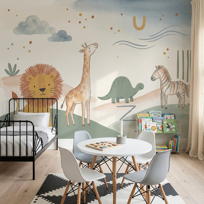 Safari Hayvanlı Poster Duvar Kağıdı Pastel Çocuk Odası Desenli