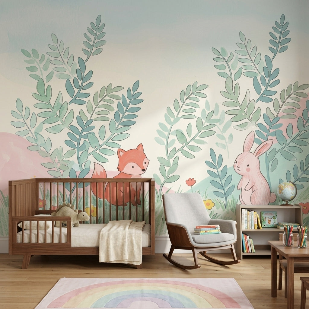 Sevimli Tilki Tavşanlı Poster Duvar Kağıdı Pastel Çocuk Odası