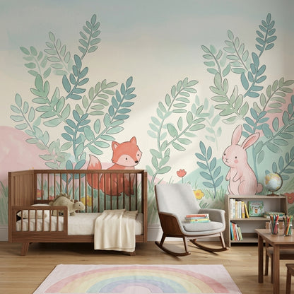 Sevimli Tilki Tavşanlı Poster Duvar Kağıdı Pastel Çocuk Odası