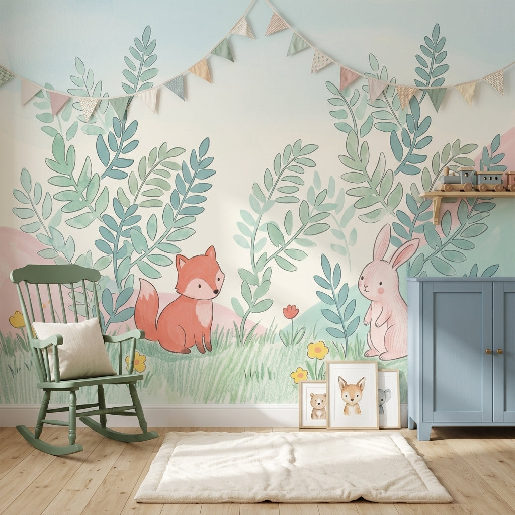 Sevimli Tilki Tavşanlı Poster Duvar Kağıdı Pastel Çocuk Odası