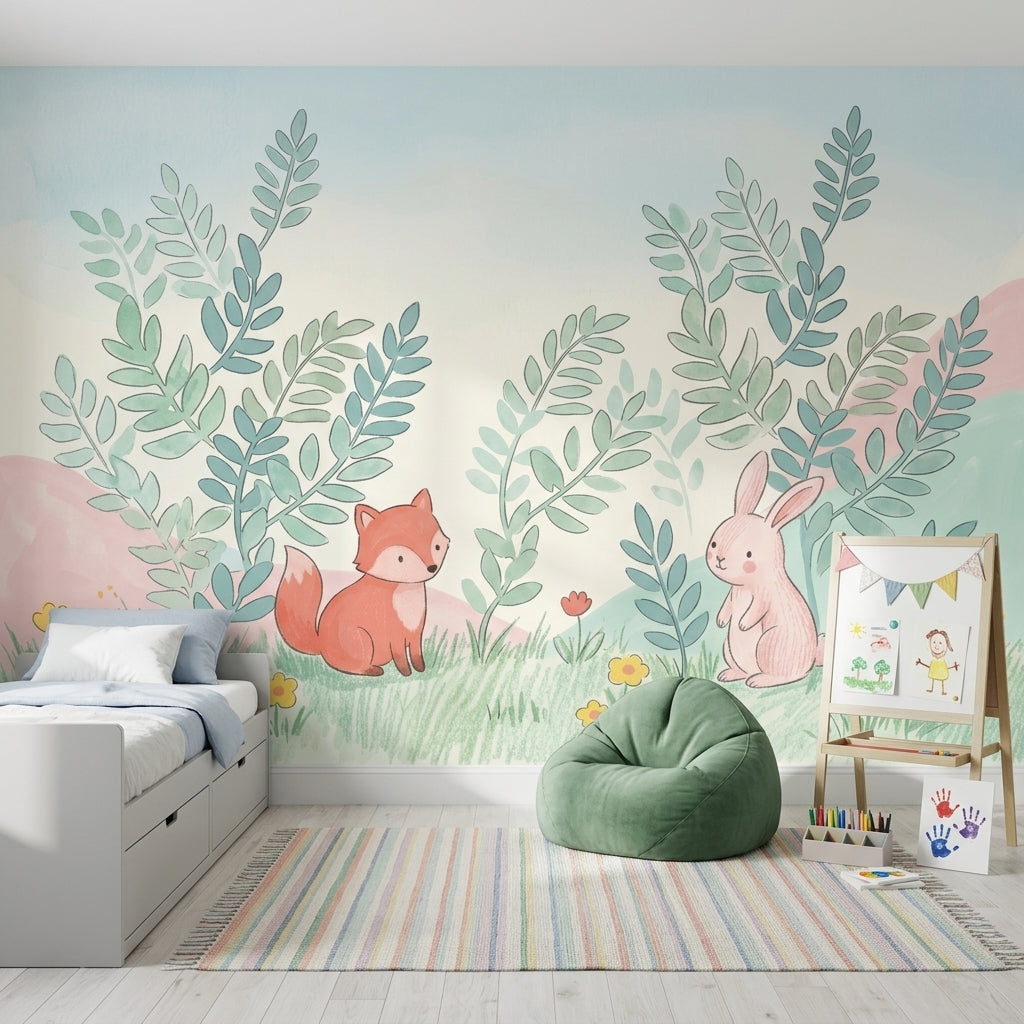 Sevimli Tilki Tavşanlı Poster Duvar Kağıdı Pastel Çocuk Odası