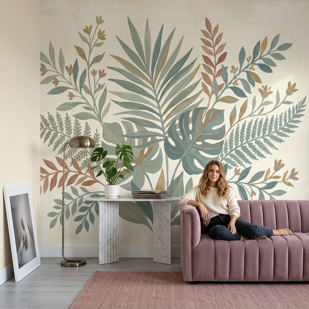 Botanik Yapraklı Poster Duvar Kağıdı Pastel Yeşil Salon Dekoru