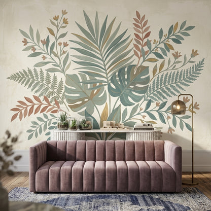 Botanik Yapraklı Poster Duvar Kağıdı Pastel Yeşil Salon Dekoru