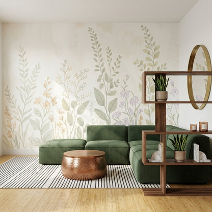 Pastel Botanik Çiçekli Poster Duvar Kağıdı Bej Yeşil Salon