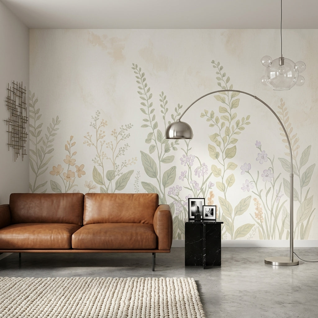 Pastel Botanik Çiçekli Poster Duvar Kağıdı Bej Yeşil Salon