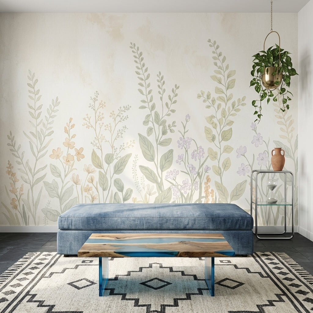 Pastel Botanik Çiçekli Poster Duvar Kağıdı Bej Yeşil Salon