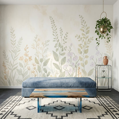 Pastel Botanik Çiçekli Poster Duvar Kağıdı Bej Yeşil Salon