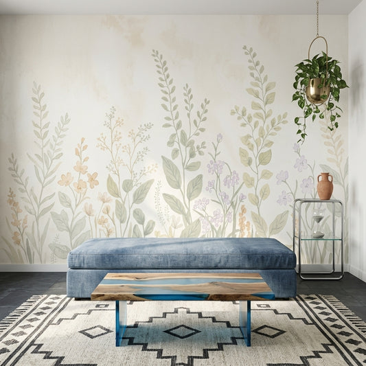 Pastel Botanik Çiçekli Poster Duvar Kağıdı Bej Yeşil Salon