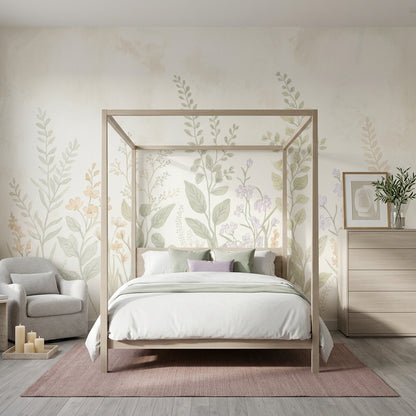 Pastel Botanik Çiçekli Poster Duvar Kağıdı Bej Yeşil Salon