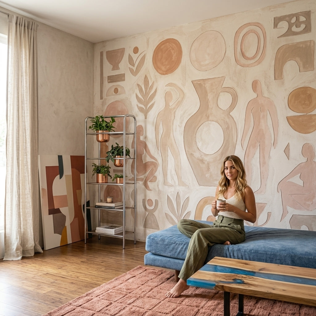 Soyut Figürlü Poster Duvar Kağıdı Bej Terracotta Salon