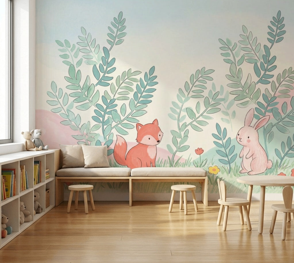 Sevimli Tilki Tavşanlı Poster Duvar Kağıdı Pastel Çocuk Odası