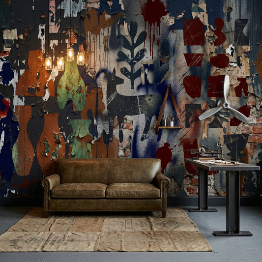 Grafiti Soyut Poster Duvar Kağıdı Lacivert Kırmızı Endüstriyel Salon