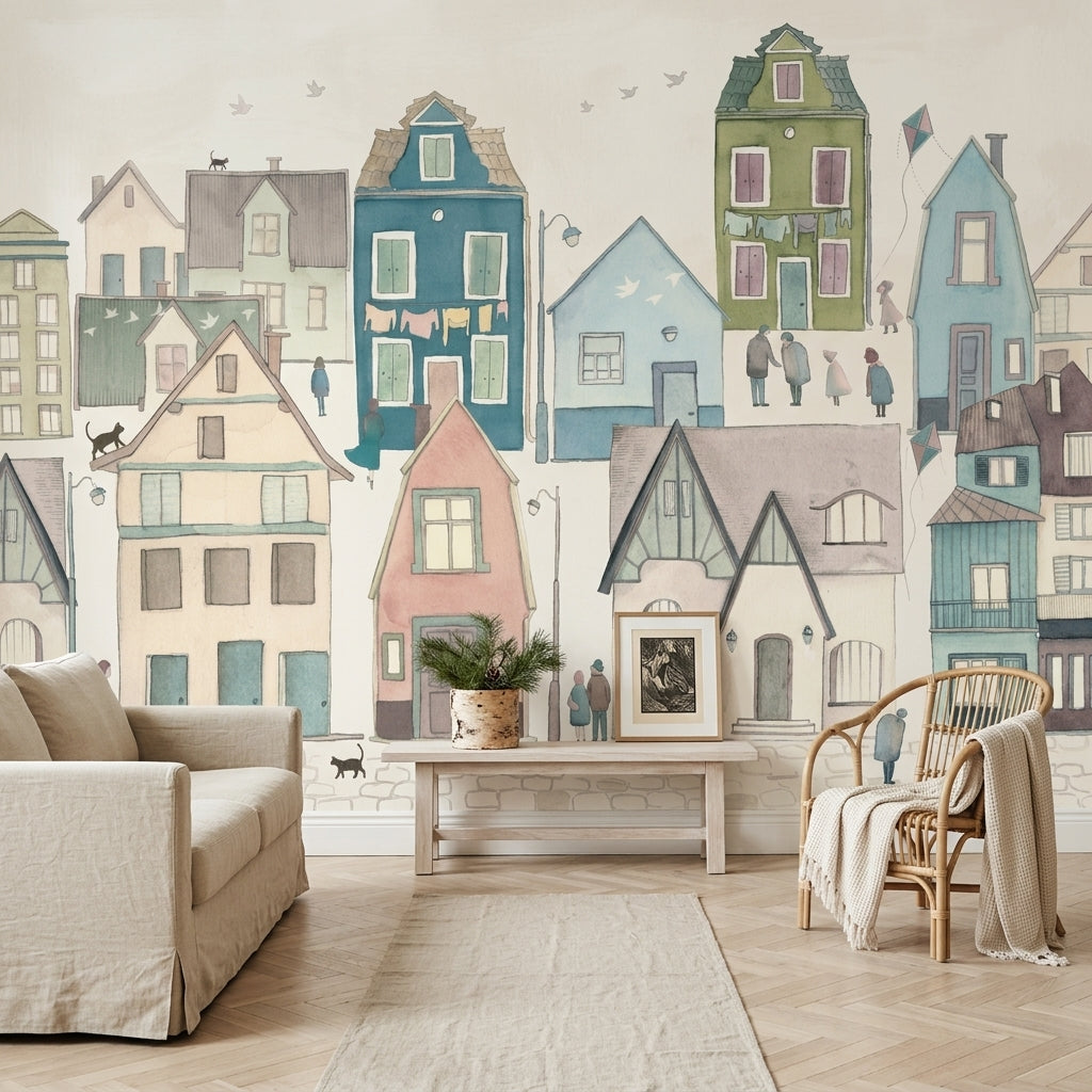 Pastel Renkli Ev İllüstrasyonlu Poster Duvar Kağıdı Salon