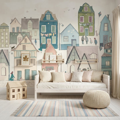 Pastel Renkli Ev İllüstrasyonlu Poster Duvar Kağıdı Salon