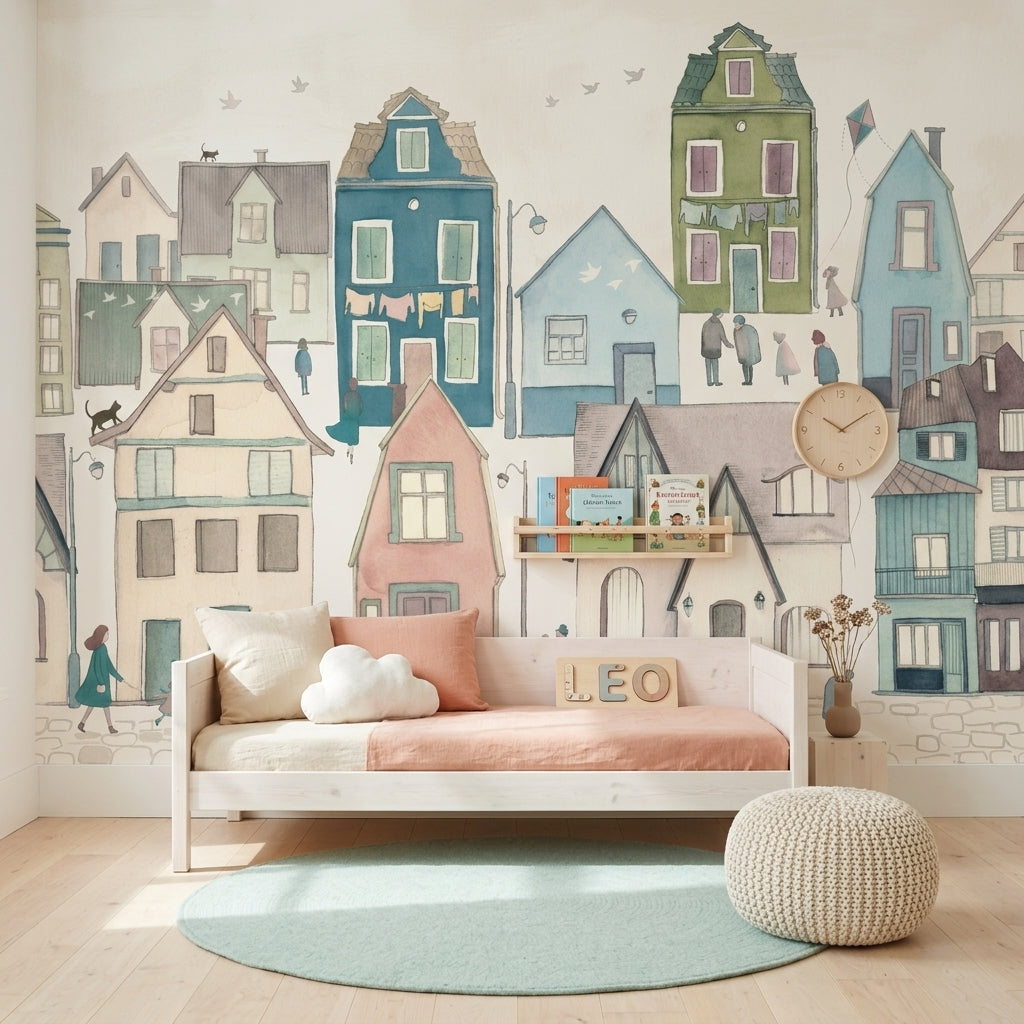 Pastel Renkli Ev İllüstrasyonlu Poster Duvar Kağıdı Salon