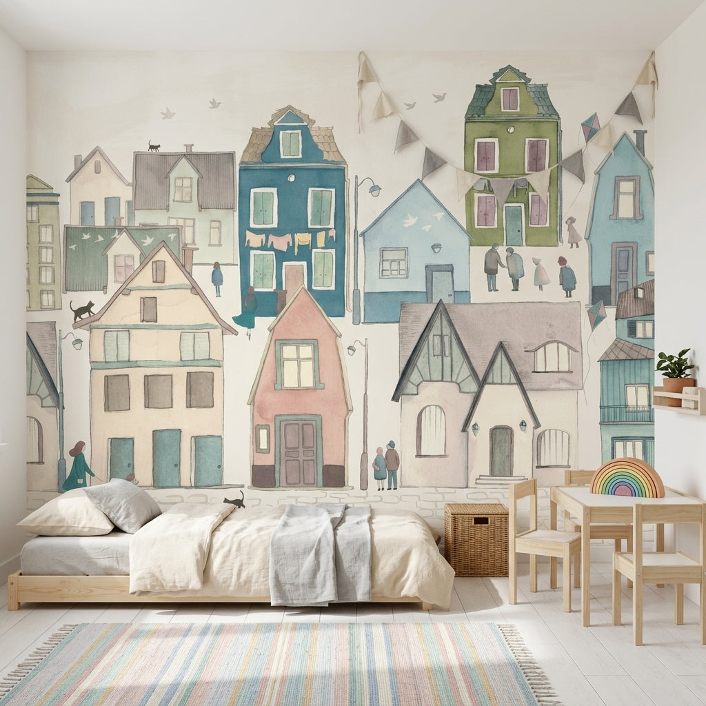 Pastel Renkli Ev İllüstrasyonlu Poster Duvar Kağıdı Salon