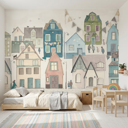 Pastel Renkli Ev İllüstrasyonlu Poster Duvar Kağıdı Salon
