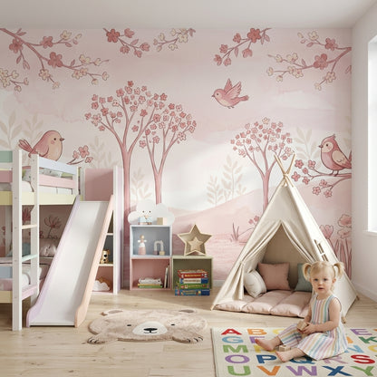 Kuşlu Kiraz Çiçekli Poster Duvar Kağıdı Pudra Çocuk Odası