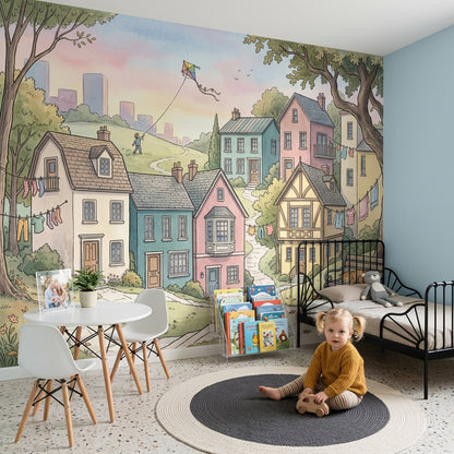 Pastel Kasaba İllüstrasyonlu Poster Duvar Kağıdı Çocuk Odası