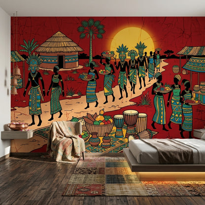 Afrika Köy Yaşamı Poster Duvar Kağıdı Kırmızı Etnik Salon