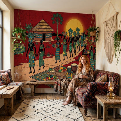 Afrika Köy Yaşamı Poster Duvar Kağıdı Kırmızı Etnik Salon
