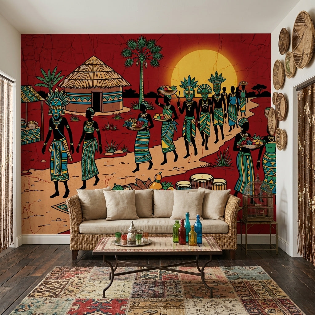 Afrika Köy Yaşamı Poster Duvar Kağıdı Kırmızı Etnik Salon