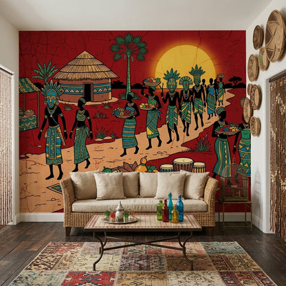 Afrika Köy Yaşamı Poster Duvar Kağıdı Kırmızı Etnik Salon