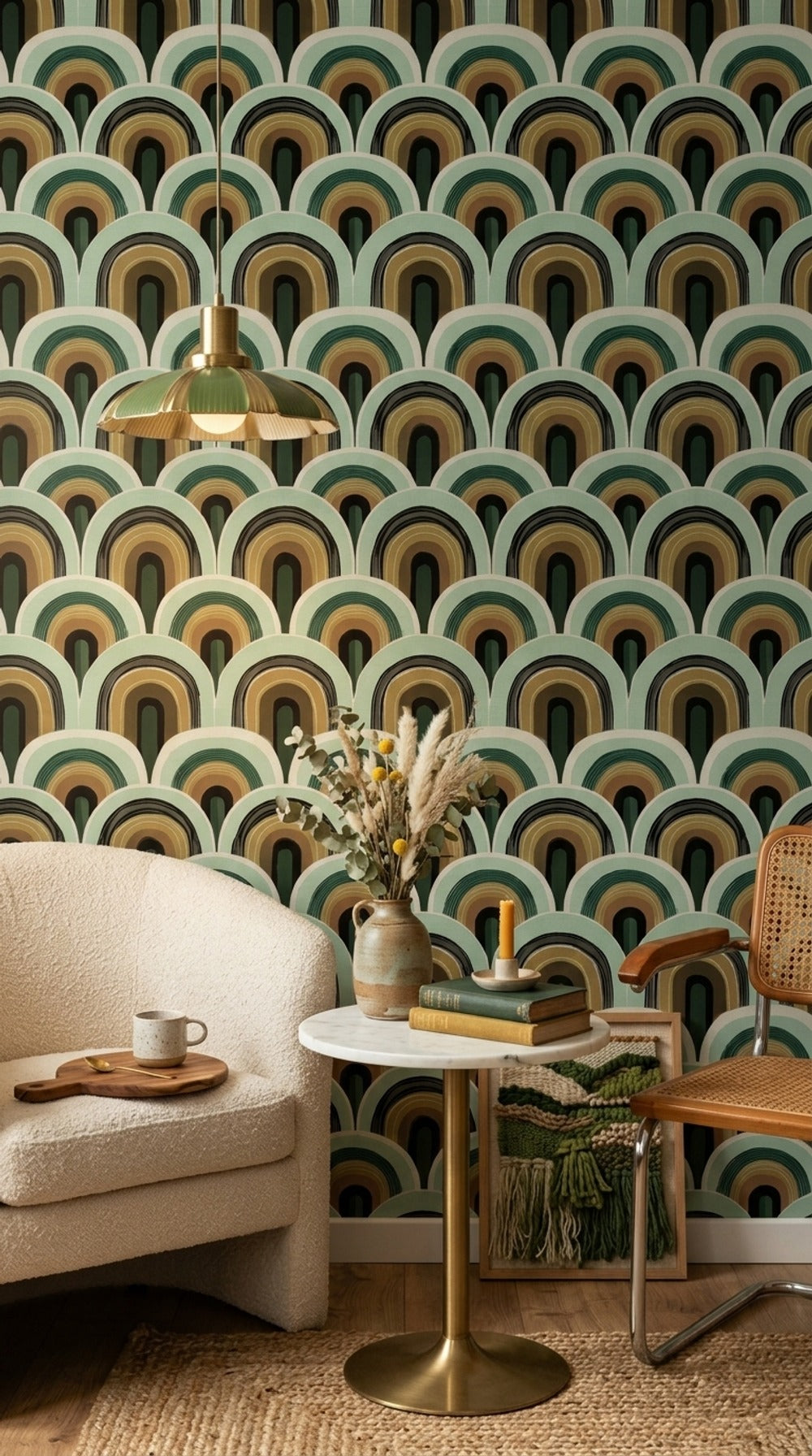 Retro Kemer Desenli Duvar Kağıdı Yeşil Bej Salon