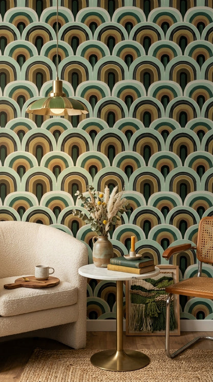 Retro Kemer Desenli Duvar Kağıdı Yeşil Bej Salon