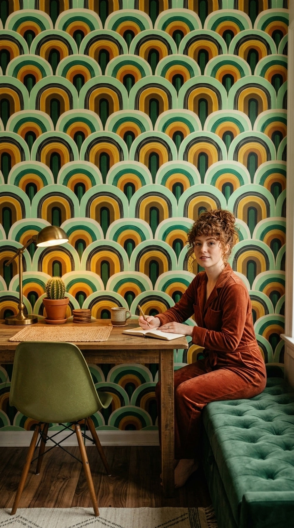 Retro Kemer Desenli Duvar Kağıdı Yeşil Hardal Salon