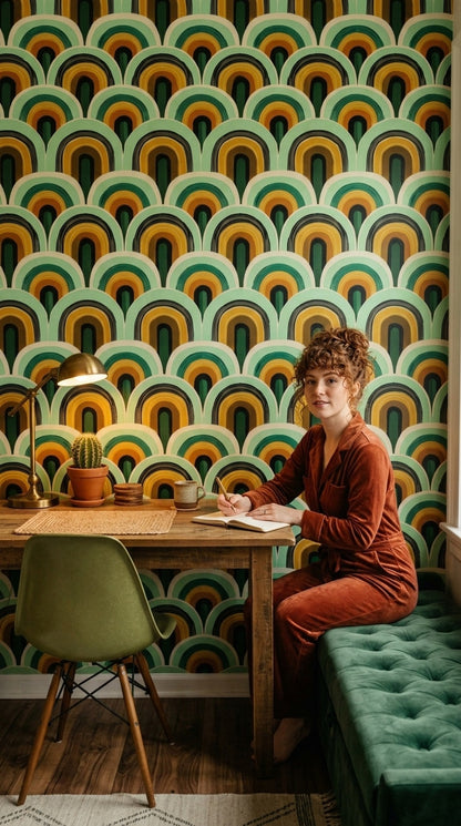 Retro Kemer Desenli Duvar Kağıdı Yeşil Hardal Salon