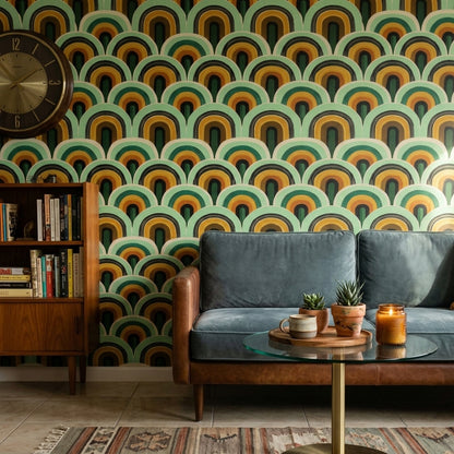 Retro Kemer Desenli Duvar Kağıdı Yeşil Hardal Salon