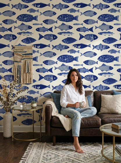 Mavi Balıklı Duvar Kağıdı Deniz Temalı Desenli Salon